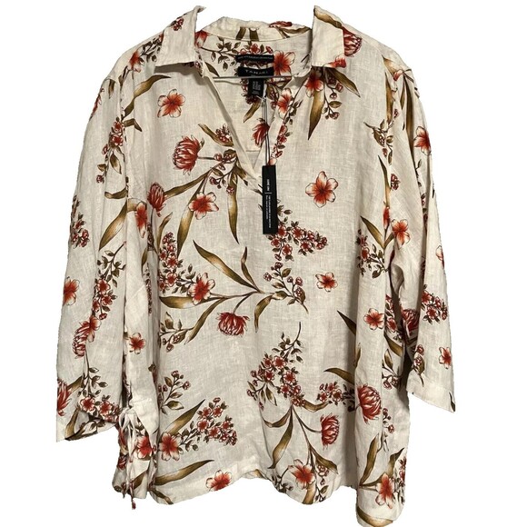 NWT TAHARI 100% Linen V Neck Floral Top Blouse Size 3XL - Picture 1 of 7